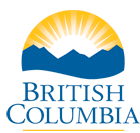 Logo of British Columbia with a stylized sun rising over blue mountain silhouettes. British Columbia is written in blue text below the image.