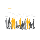 Permalink to Committees ready to help create B.C.’s first accessibility standards Silhouettes of diverse people in grey and yellow, including individuals walking, a person with a stroller, a person in a wheelchair, and a child with a scooter, against a simple cityscape outline.